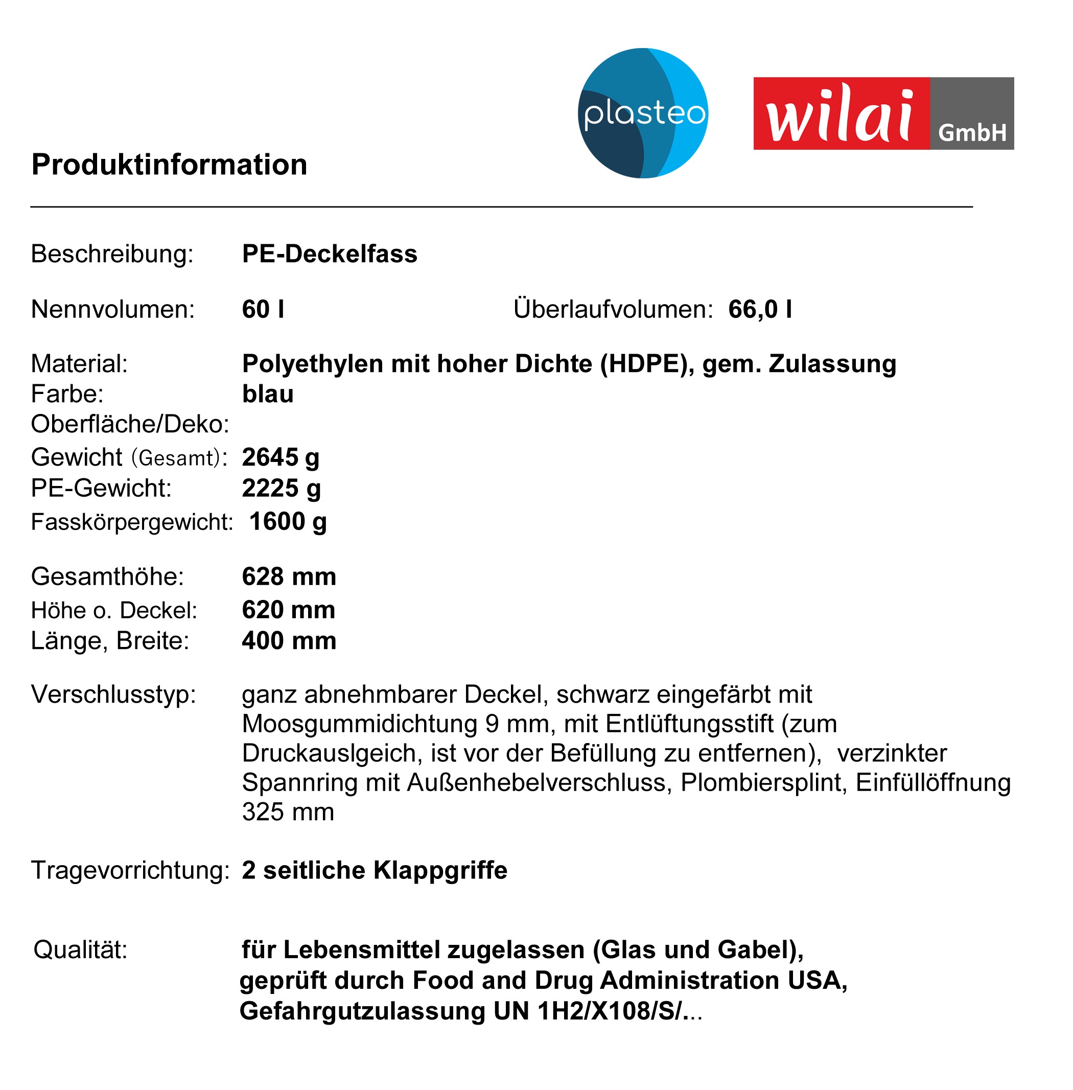 60 Liter Deckelfass mit FDA-Zulassung