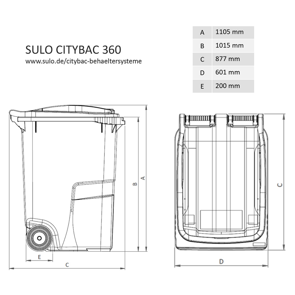 citybac360_bemassungBKqTqT9J0vY4F SULO® MGB 360 Liter Mülltonne Grau mit Gelbem Deckel