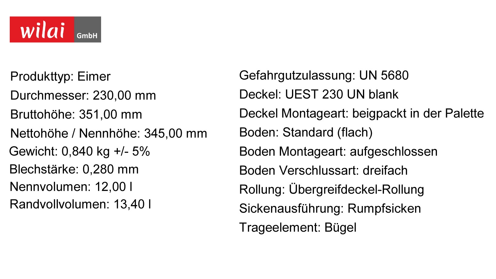 23012_Datenblatt 12 Liter Weißblecheimer inkl. Deckel mit Spannring
