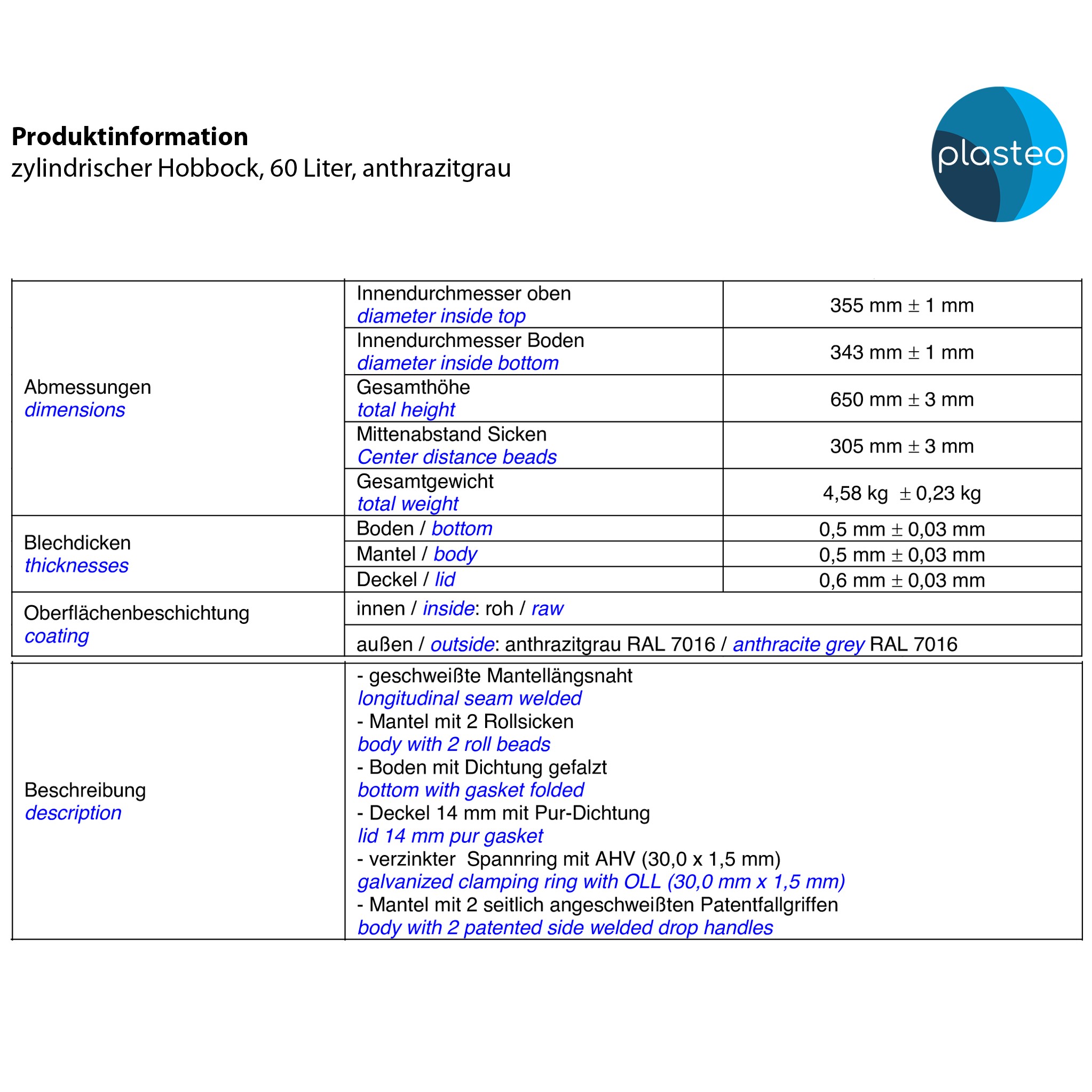 Stahlfass 60 Liter Deckelfass Anthrazitgrau Stahlfass 60 Liter Deckelfass Anthrazitgrau