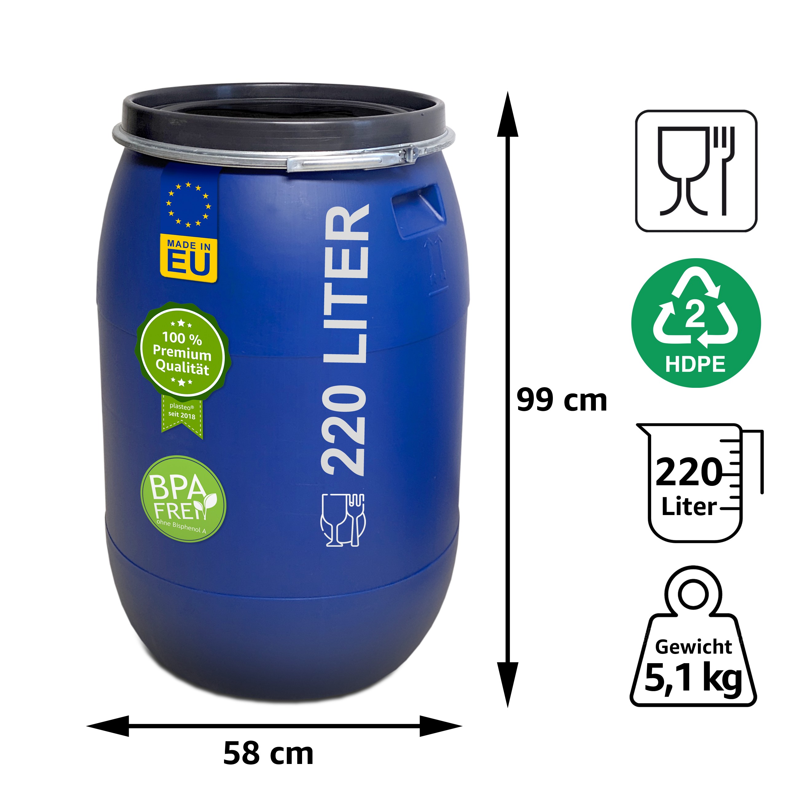 220 Liter Deckelfass Made in EU
