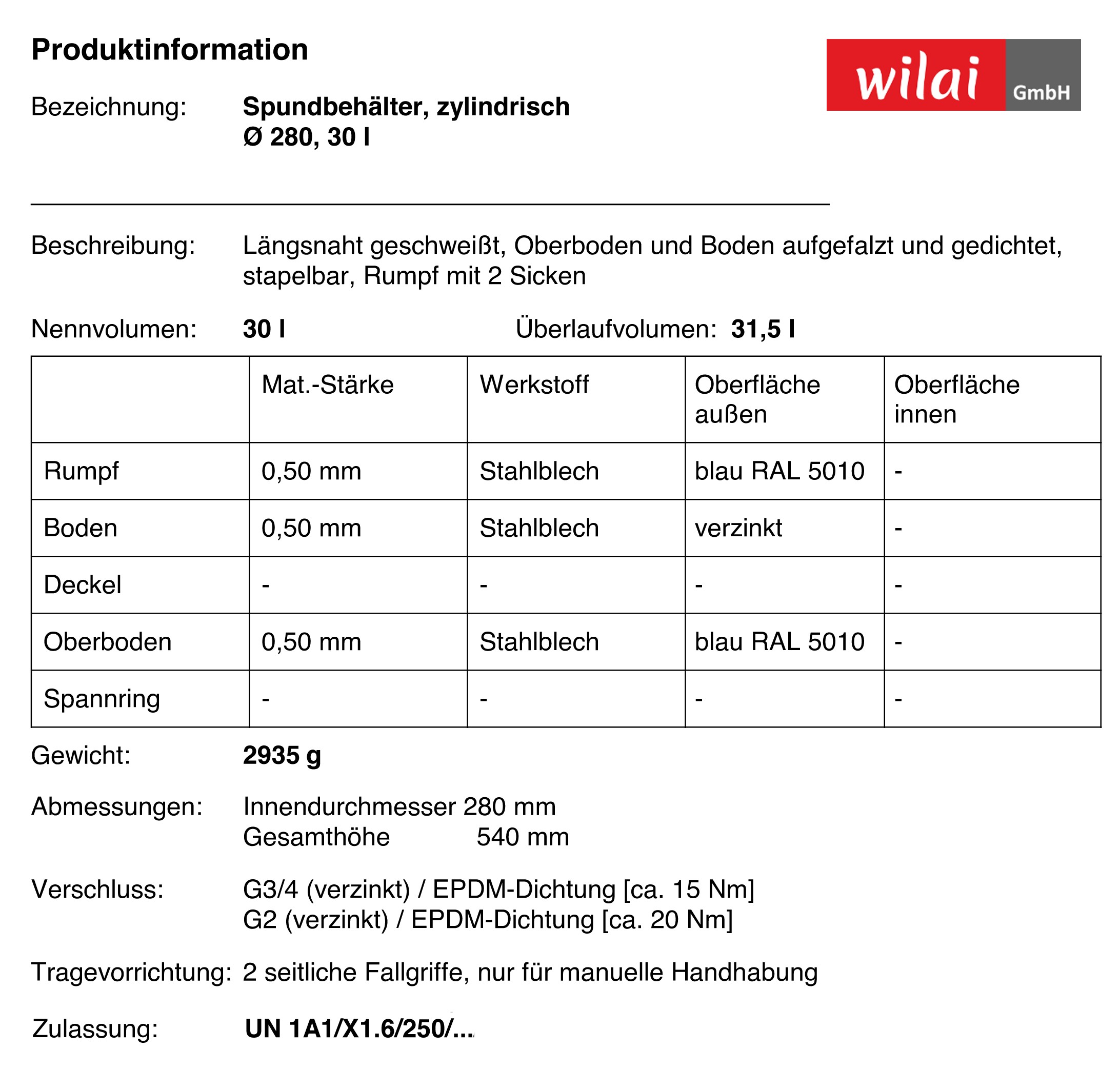 Spundfass 30 Liter blau