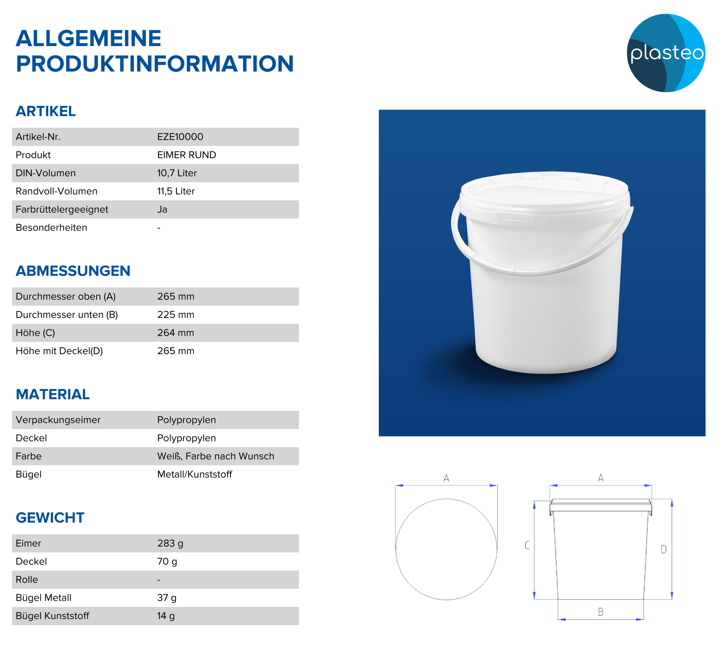 22051_abmessungen 10 Liter Plastikeimer mit Deckel