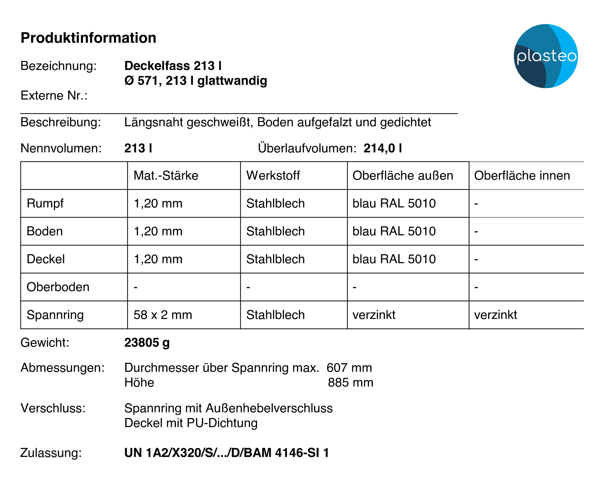 Deckelfass 213 Liter blau