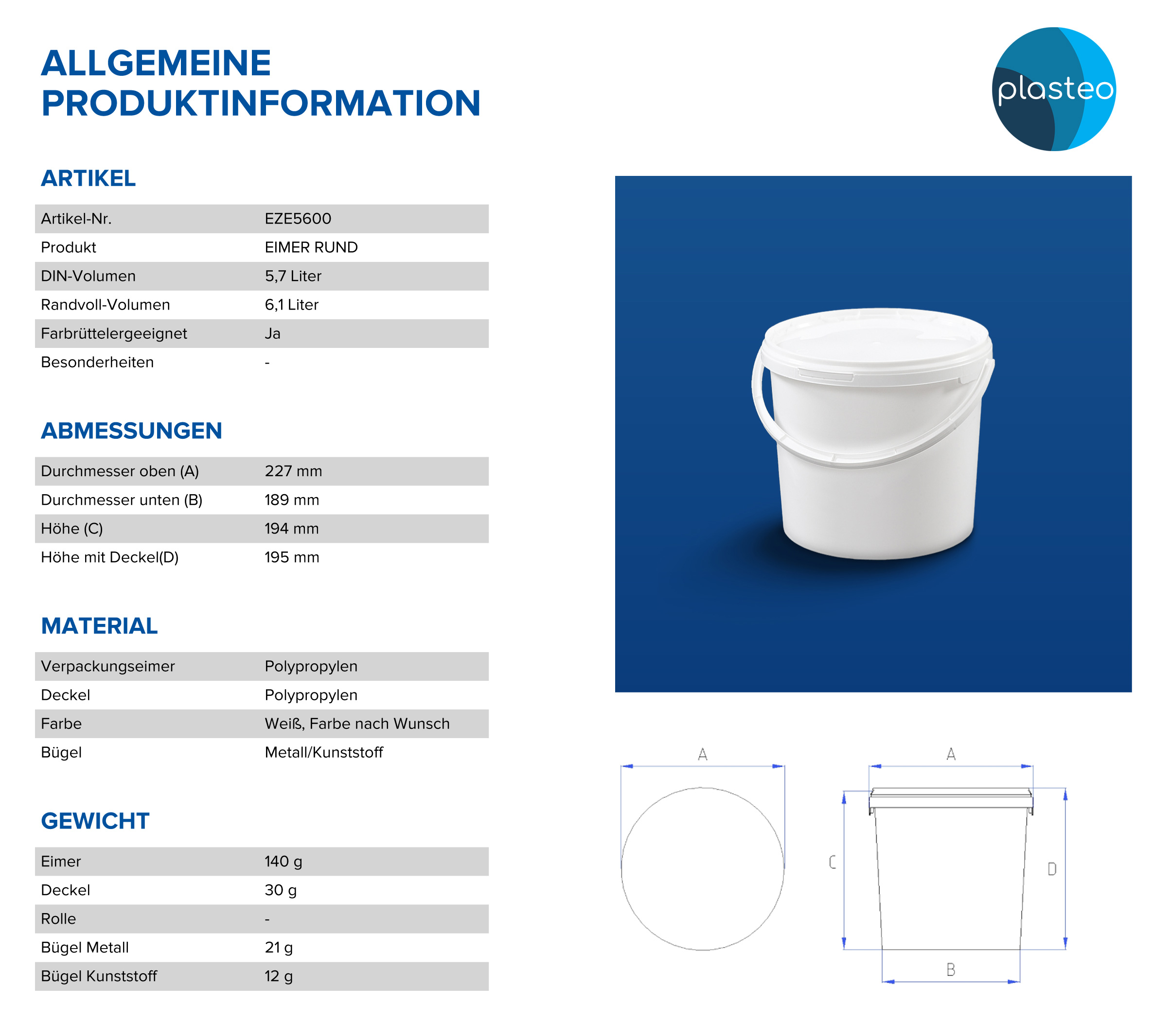 22052_abmessungen 5 Liter Plastikeimer mit Deckel