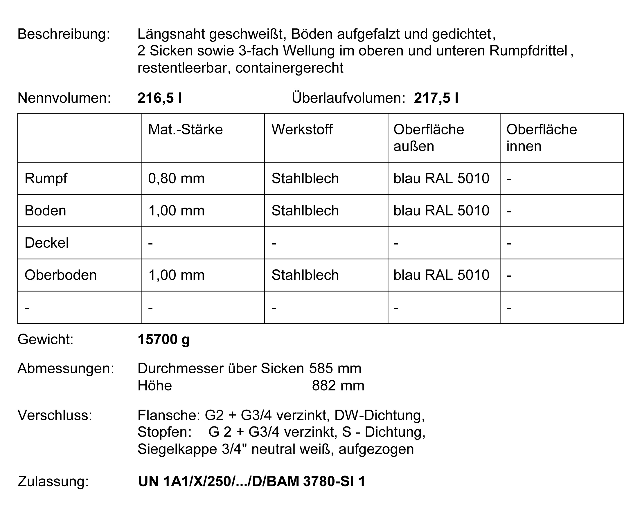 Spundfass 216 Liter blau