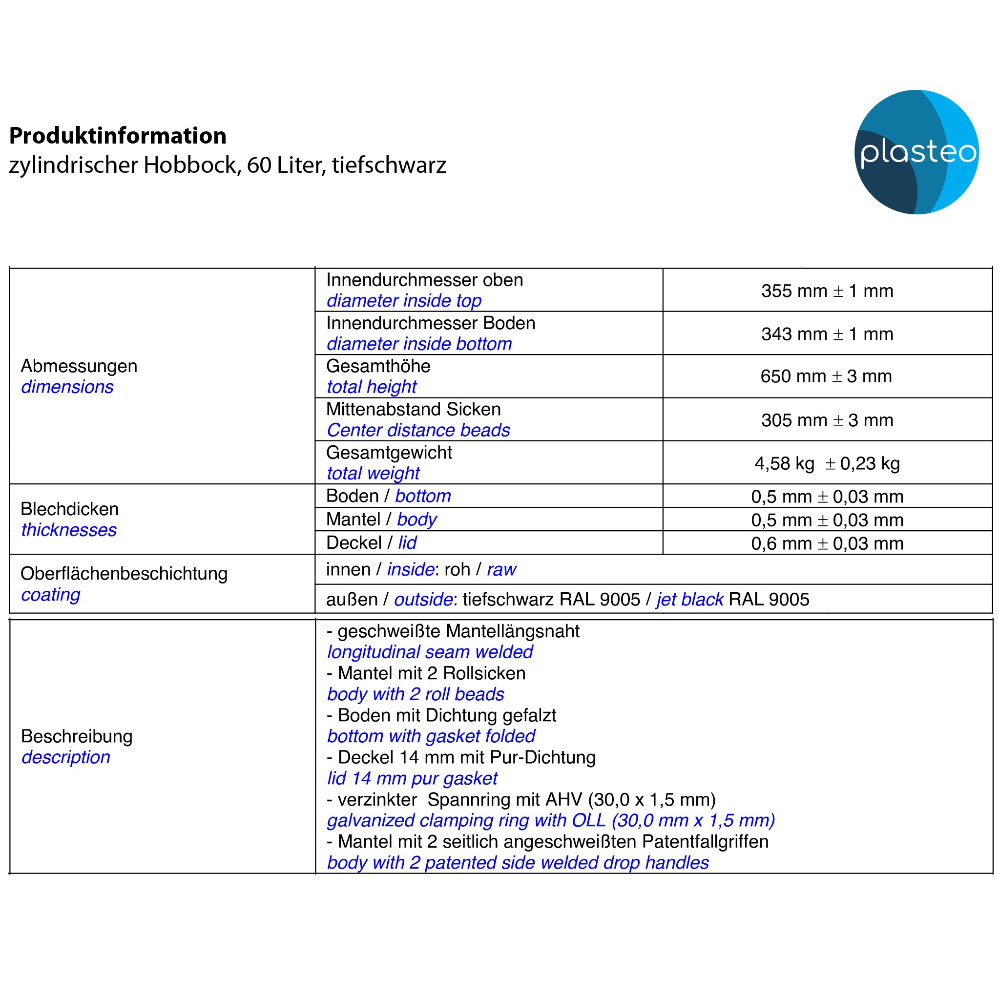 Stahlfass 60 Liter Deckelfass Tiefschwarz Stahlfass 60 Liter Deckelfass Tiefschwarz