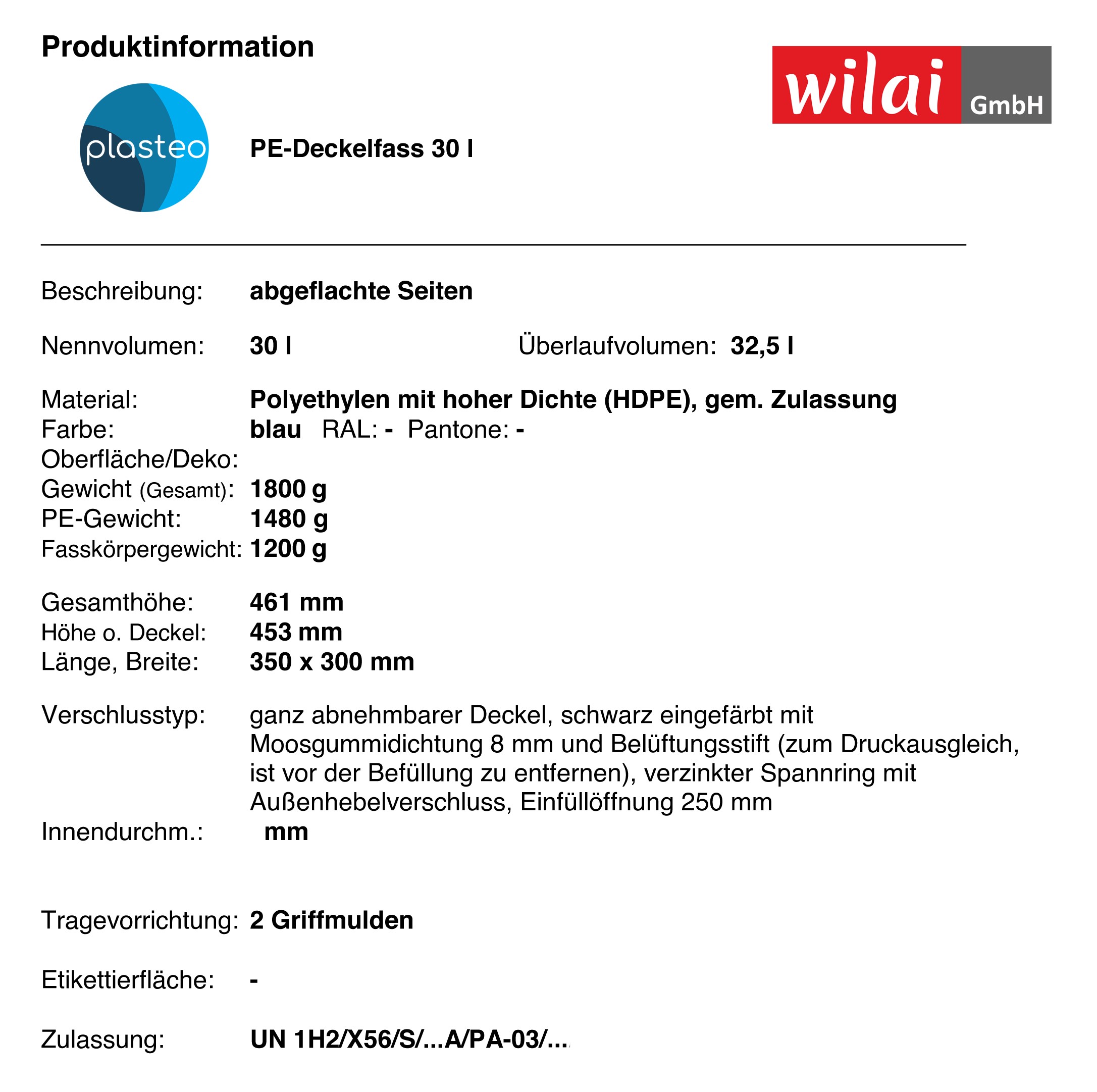 30 Liter Deckelfass 46 cm hoch Made in DE