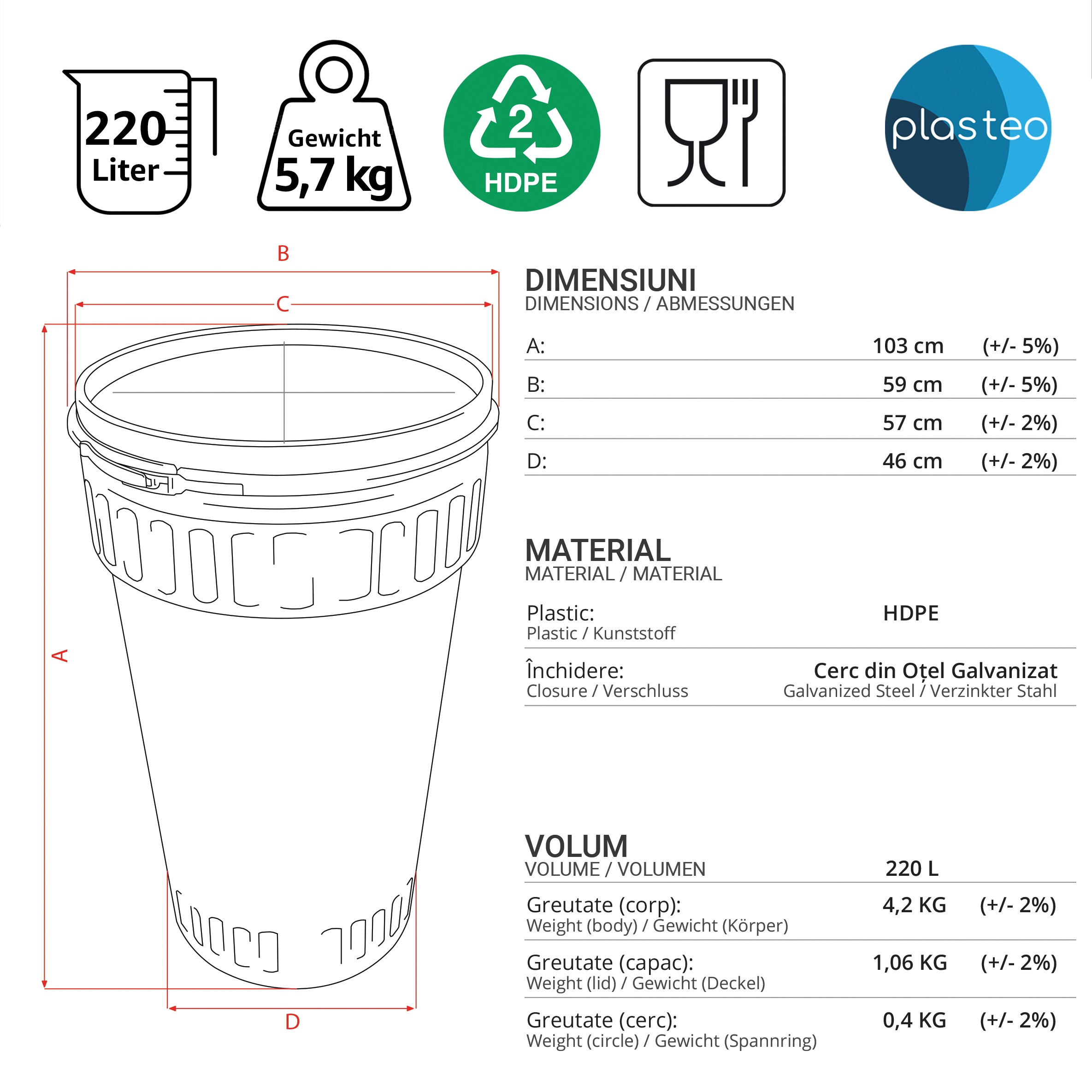 220 Liter Deckelfass konisch Made in EU