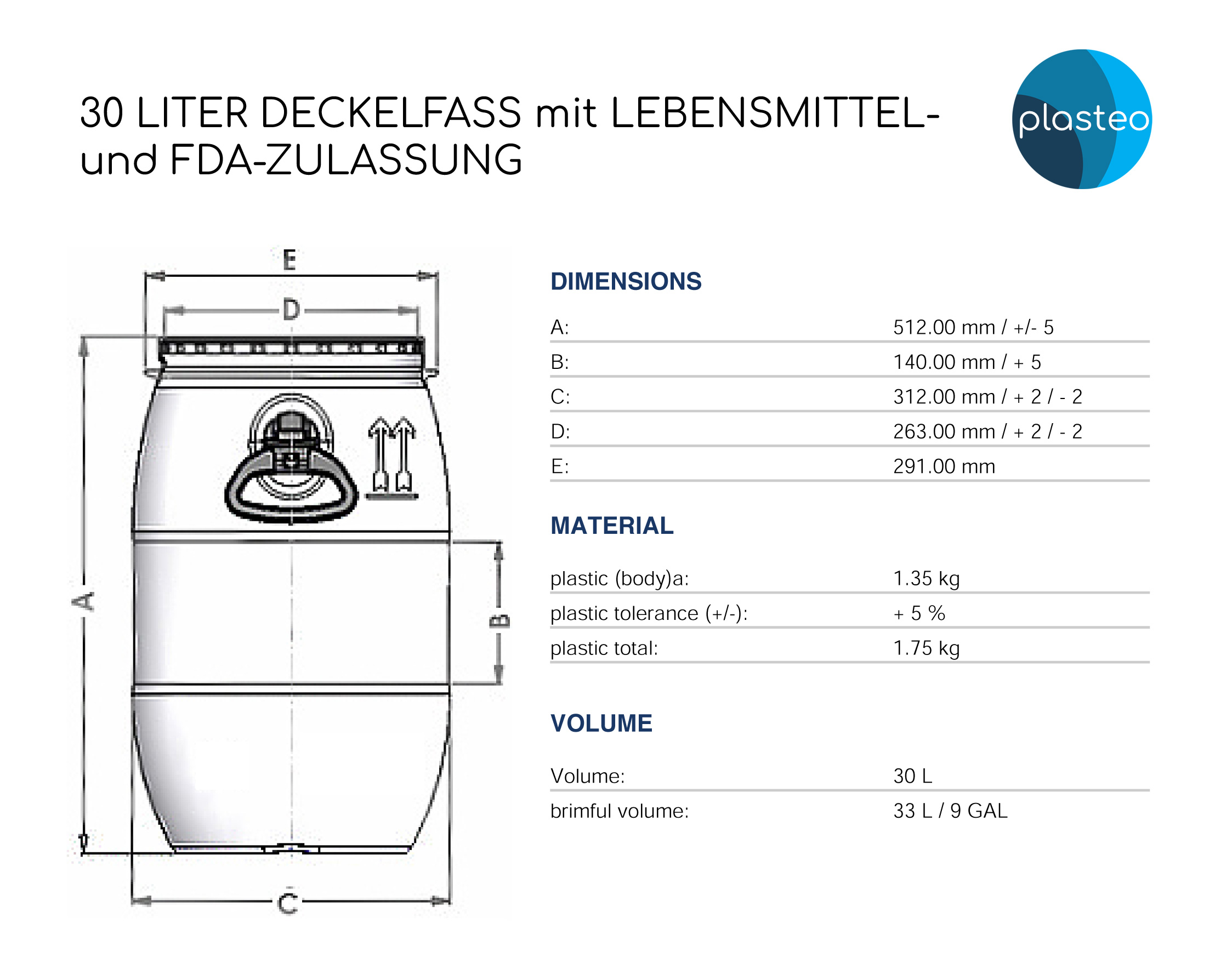 22468_1d 30 Liter Deckelfass Lebensmittelecht FDA